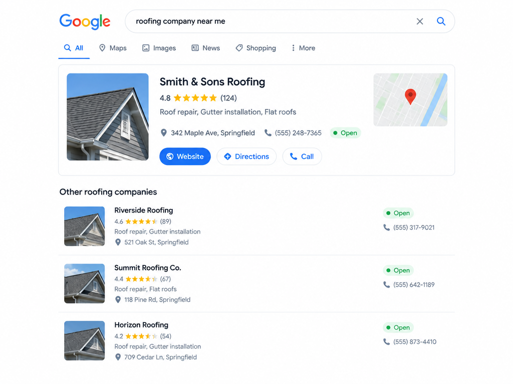 Example Google local business result showing Smith & Sons Roofing at the top with services, address, phone, and open status